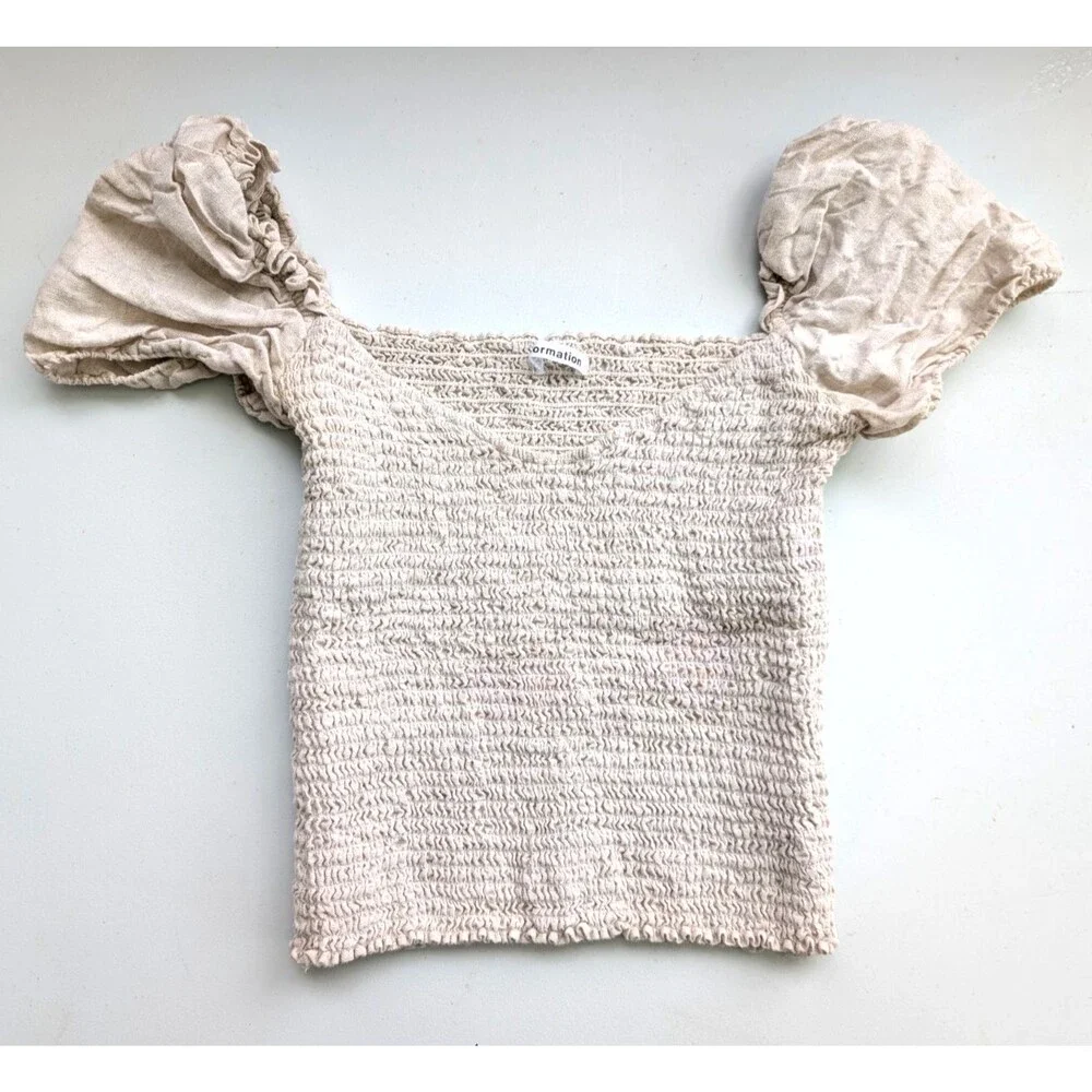 Reformation Juliet Top Linen Smocked Sweetheart Puff Sleeve Crop Blouse Size S